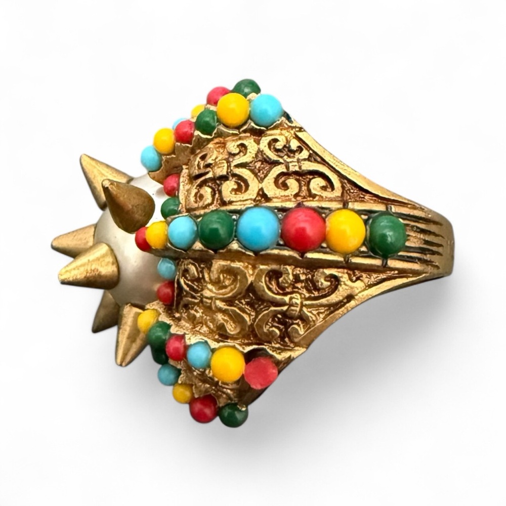 Gucci beaded Gold Ring with spike Multicolor Beads. Size US 7, IT 10.
